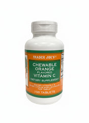 TJ's chewable orange Vitamin C bottle front, convenient daily supplement with citrus flavor.