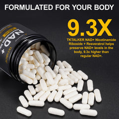 TKTALKER NAD supplement capsules shown for energy and cellular health use.