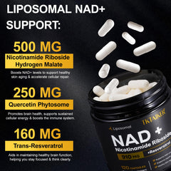 TKTALKER NAD supplement label close-up highlighting NR and resveratrol for cellular support.
