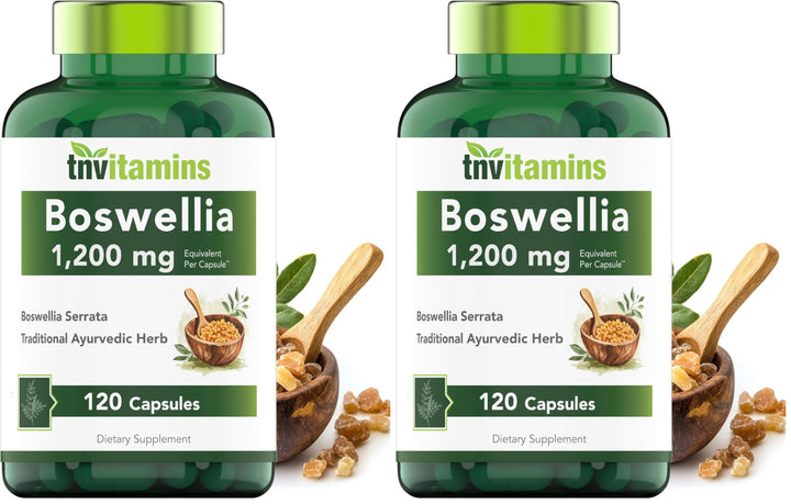 tnvitamins Boswellia Serrata capsule bottle closeup showing 1200 mg per capsule for joint support