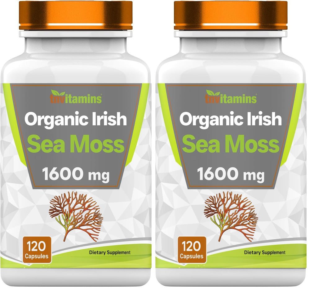 TNVitamins Organic Irish Sea Moss bottle front showing 1600mg per serving for daily support.