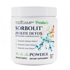 TODICAMP Zeolite powder full body detox image illustrates toxin binding potential