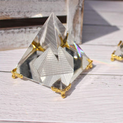 Together-Life crystal pyramid on gold stand showcases premium decor