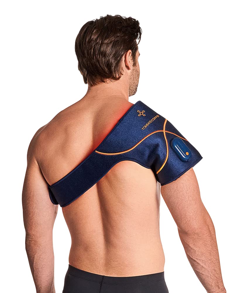Tommie Copper infrared shoulder wrap with red LEDs for targeted relief.