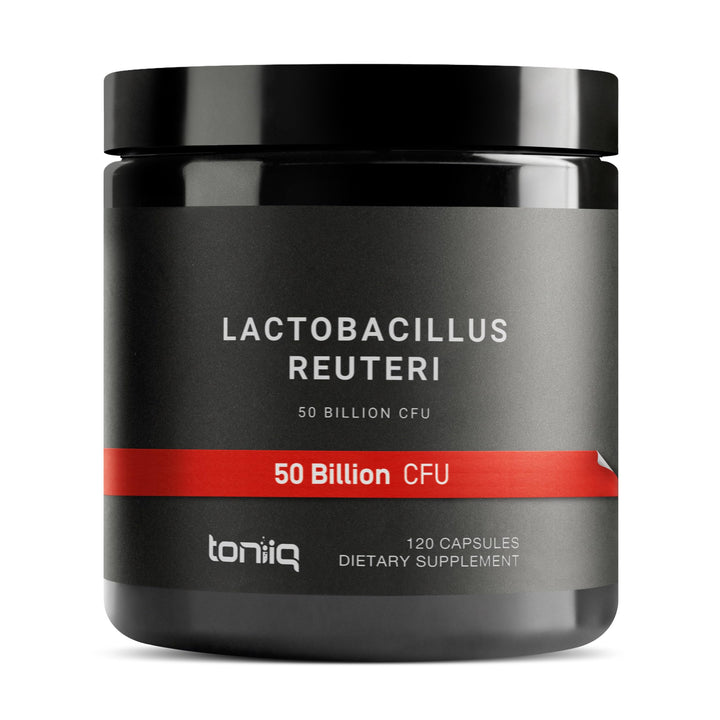 Toniiq 50 Billion CFU Lactobacillus Reuteri bottle for daily digestive balance.