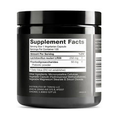Toniiq probiotic capsules close-up showing potent L. Reuteri formula.