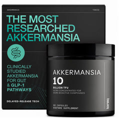 Toniiq Akkermansia Probiotic bottle label highlights potency and gut support.