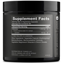 Toniiq Artichoke Extract label highlights 5% Cynarin for potency.