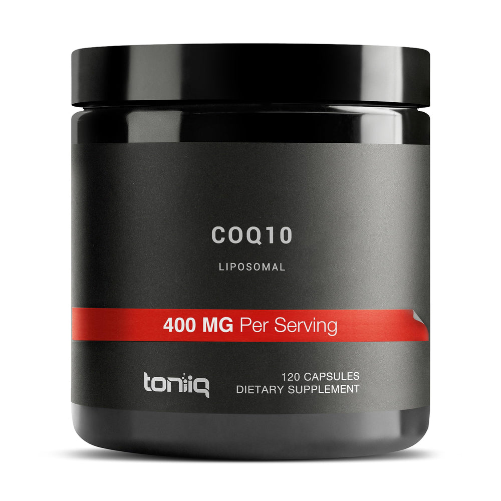 Toniiq CoQ10 400mg bottle closeup showing liposomal delivery for better absorption