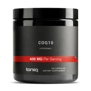 Toniiq CoQ10 400mg bottle closeup showing liposomal delivery for better absorption