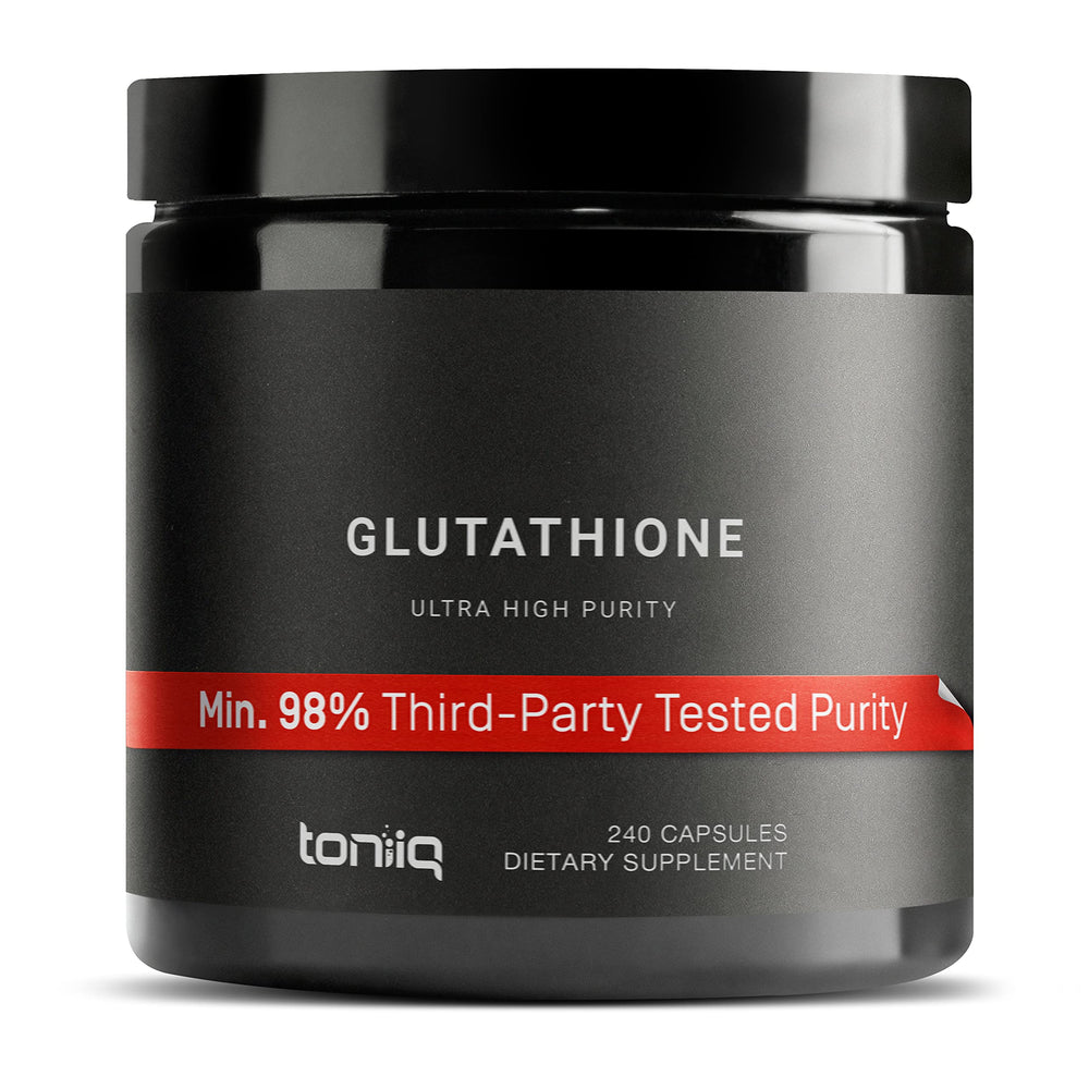 Toniiq Glutathione bottle showing 1000mg strength and high purity label