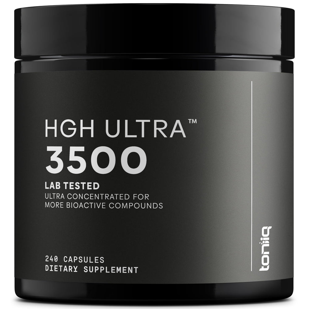 Toniiq HGH supplements bottle supports balanced energy and recovery.