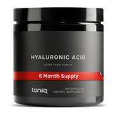 Toniiq Hyaluronic Acid bottle front with capsules, signaling easy daily supplementation.