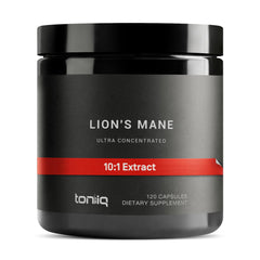 Toniiq Lion’s Mane bottle front, premium mushroom supplement for focus.