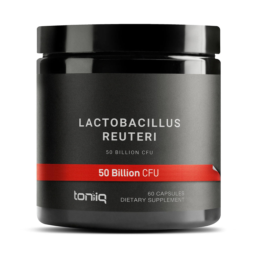 Toniiq Lactobacillus Reuteri probiotic bottle front highlights high CFU per serving