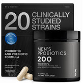 Toniiq Men's Probiotic bottle showing 20 strains for gut balance.