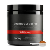 Toniiq Mushroom Coffee packaging showcases the 10-mushroom blend for daily focus and energy.