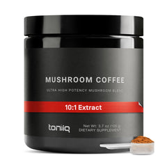 Toniiq Mushroom Coffee packaging showcases the 10-mushroom blend for daily focus and energy.
