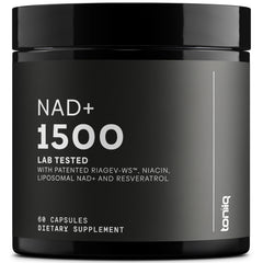 Toniiq NAD+ and Resveratrol bottle front view shows high potency per serving.