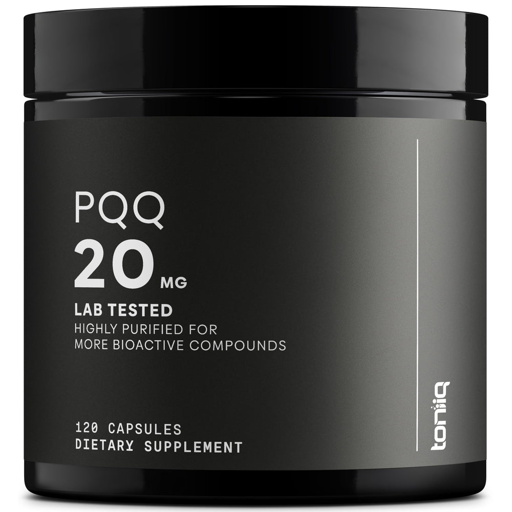 Toniiq PQQ 20 mg bottle-front showing premium purity for daily supplementation.