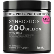 Toniiq bottle with 60 capsules for daily digestive balance and synbiotic support.