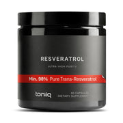 Toniiq Resveratrol bottle on a shelf highlights premium purity.