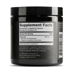 Toniiq Resveratrol capsules close-up showcases uniform capsules for consistent daily use.