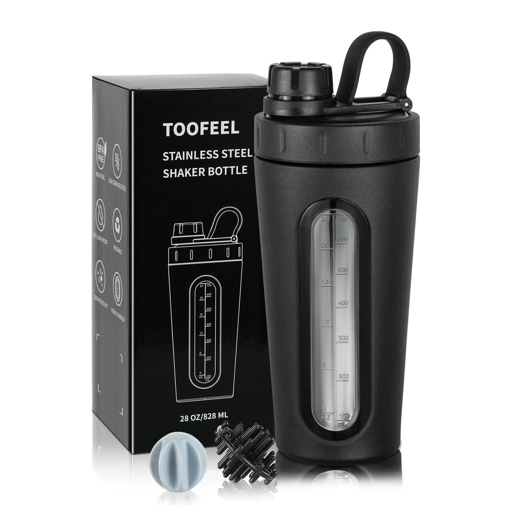 TOOFEEL stainless steel shaker with visible window to measure liquid level during workouts.