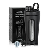 TOOFEEL stainless steel shaker with visible window to measure liquid level during workouts.