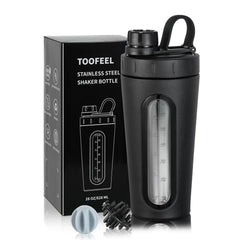 TOOFEEL stainless steel shaker with visible window to measure liquid level during workouts.