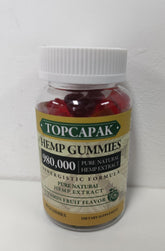 TOPCAPAK Hemp Gummies bottle close-up showing a premium daily wellness support.