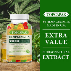 TOPCAPAK Hemp Gummies gummy close-up highlighting easy daily use.