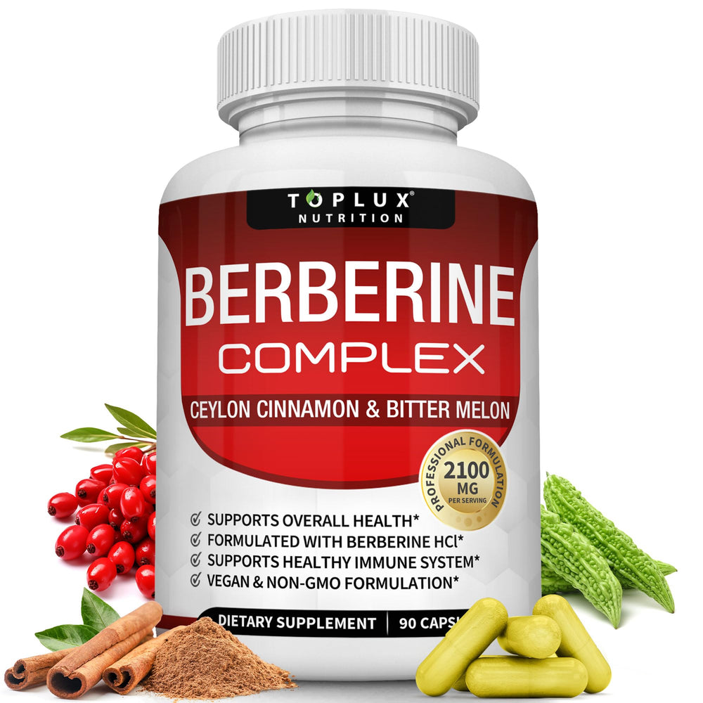Toplux Berberine capsules in bottle highlight high purity for daily wellness.