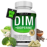 Toplux Dim 910mg bottle showcases natural hormone support with a clear label