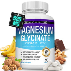 Toplux Magnesium Glycinate 525mg bottle front highlighting high absorption for daily use