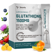 Totaria 1500mg liposomal glutathione sachets closeup for convenient daily detox support.