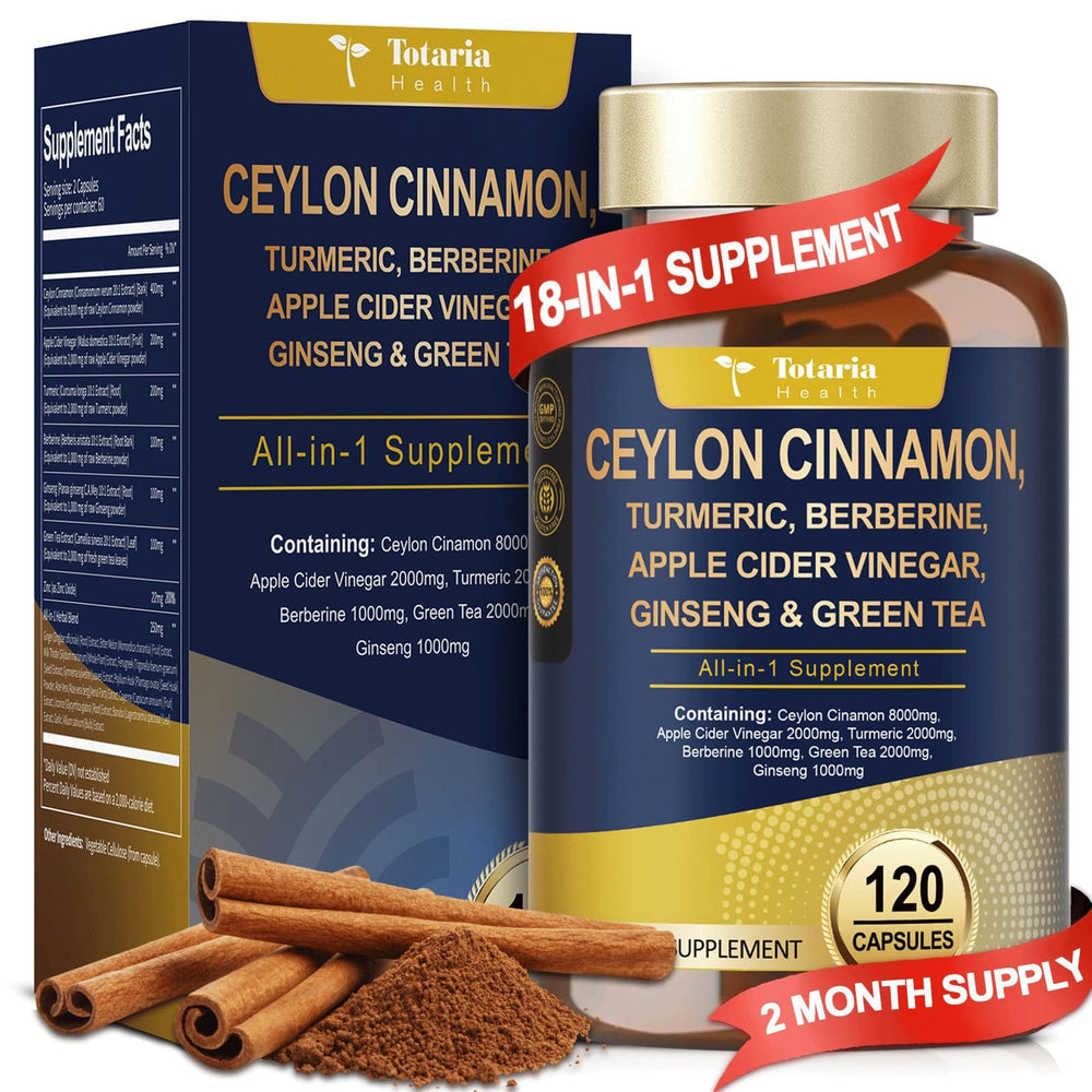 Totaria 18-in-1 cinnamon capsules bottle showing vegan formula for metabolism support