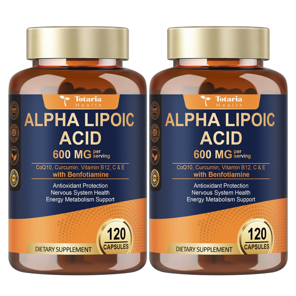 Totaria Alpha Lipoic Acid 600mg bottle front view, two-pack option for convenient use.