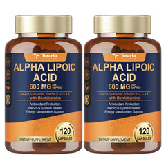 Totaria Alpha Lipoic Acid 600mg bottle front view, two-pack option for convenient use.