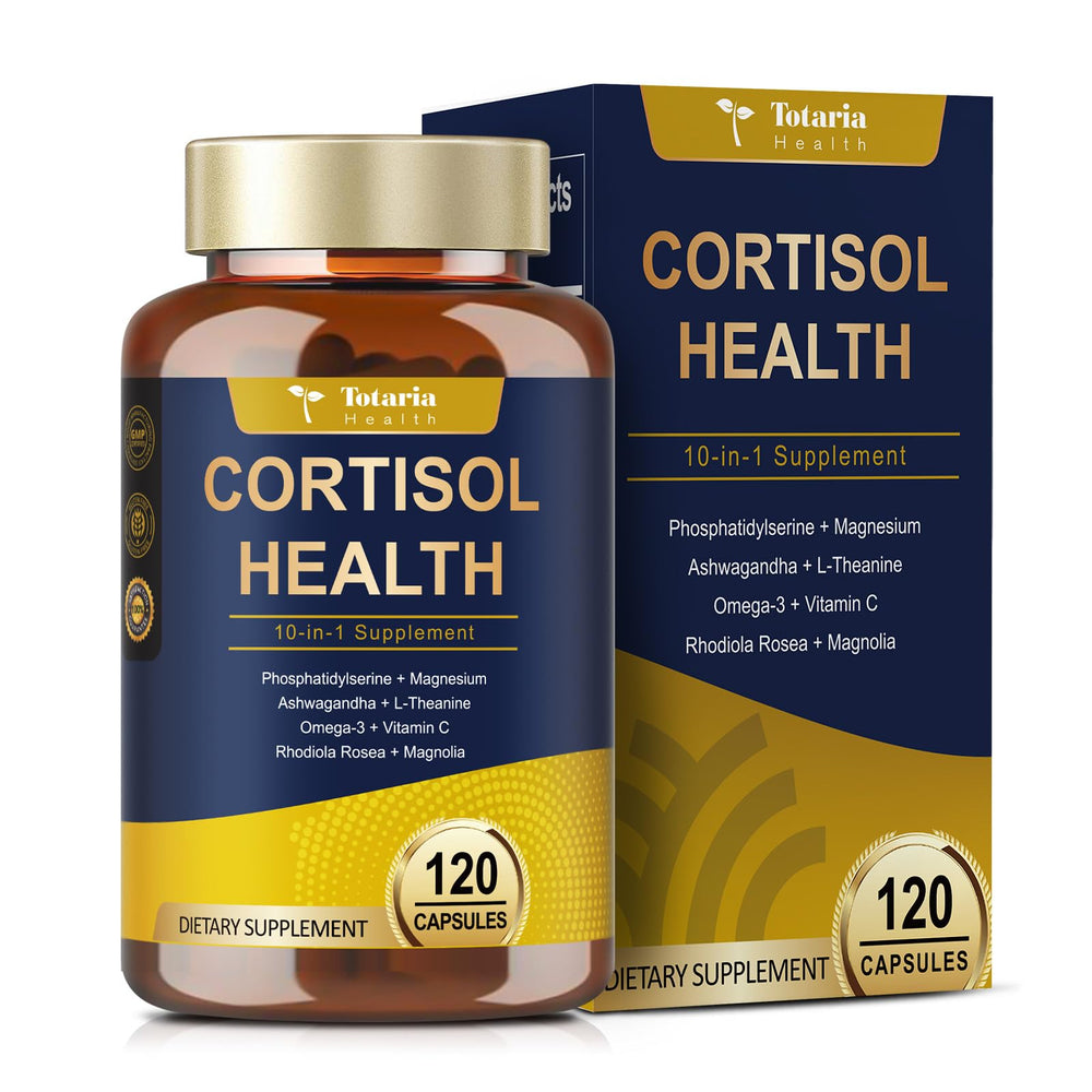 Totaria cortisol supplement bottle for daily balance and calm focus.