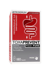 Toxaprevent Medi Pure capsules close-up, natural zeolite formula for daily use