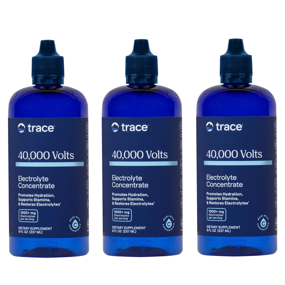 Trace Minerals 40,000 Volts bottle shown for steady hydration and energy.