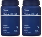 Trace Minerals D3 and K2 gummies bottle shows vegan, sugar-free bone support in strawberry flavor