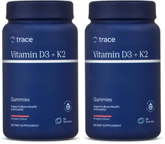 Trace Minerals D3 and K2 gummies bottle shows vegan, sugar-free bone support in strawberry flavor