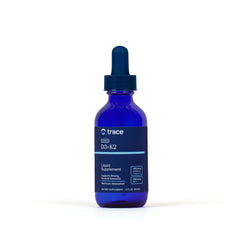 Trace Minerals Ionic D3+K2 bottle with dropper for daily calcium absorption.