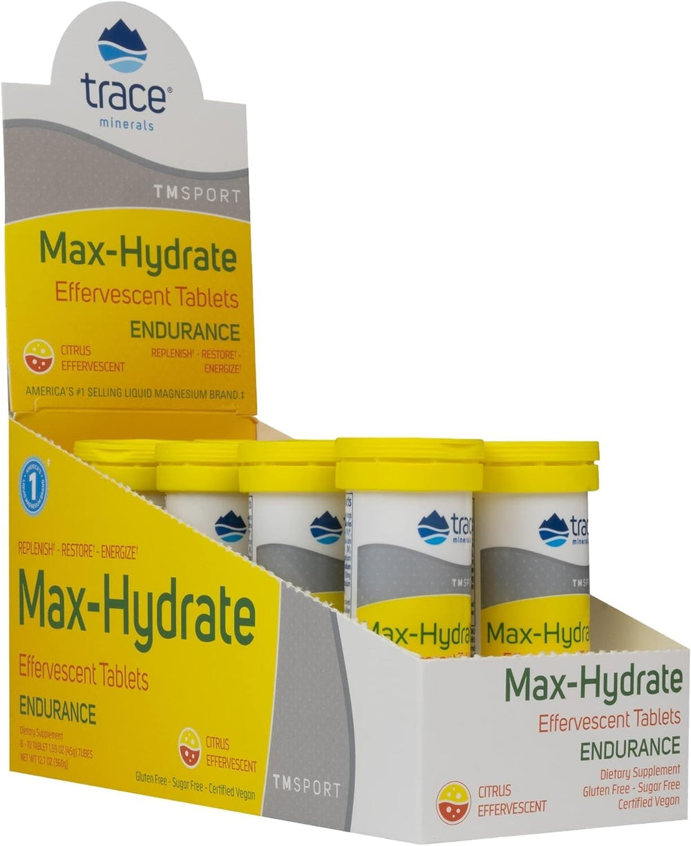 Trace Minerals Max-Hydrate Endurance tablet dissolving in water for hydration.