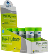 Trace Minerals Max-Hydrate Immunity bottle front for on-the-go hydration and immune support.