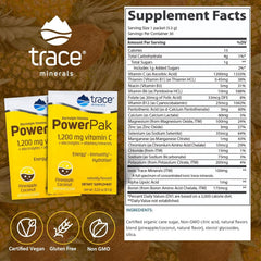 Close-up of Trace Minerals Power Pak packet label highlighting vitamin C and trace minerals.