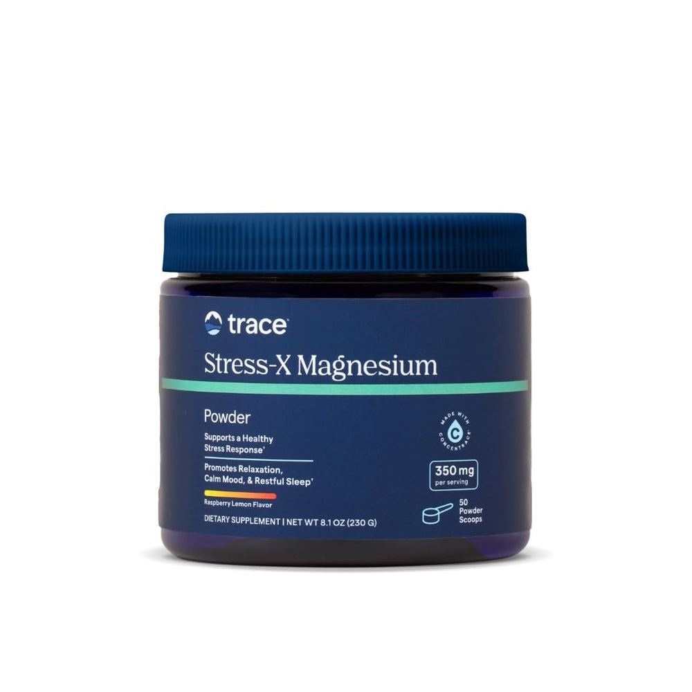 Trace Minerals Stress-X magnesium powder label shows raspberry lemon flavor and vegan, non-GMO attributes