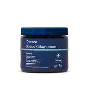 Trace Minerals Stress-X magnesium powder label shows raspberry lemon flavor and vegan, non-GMO attributes